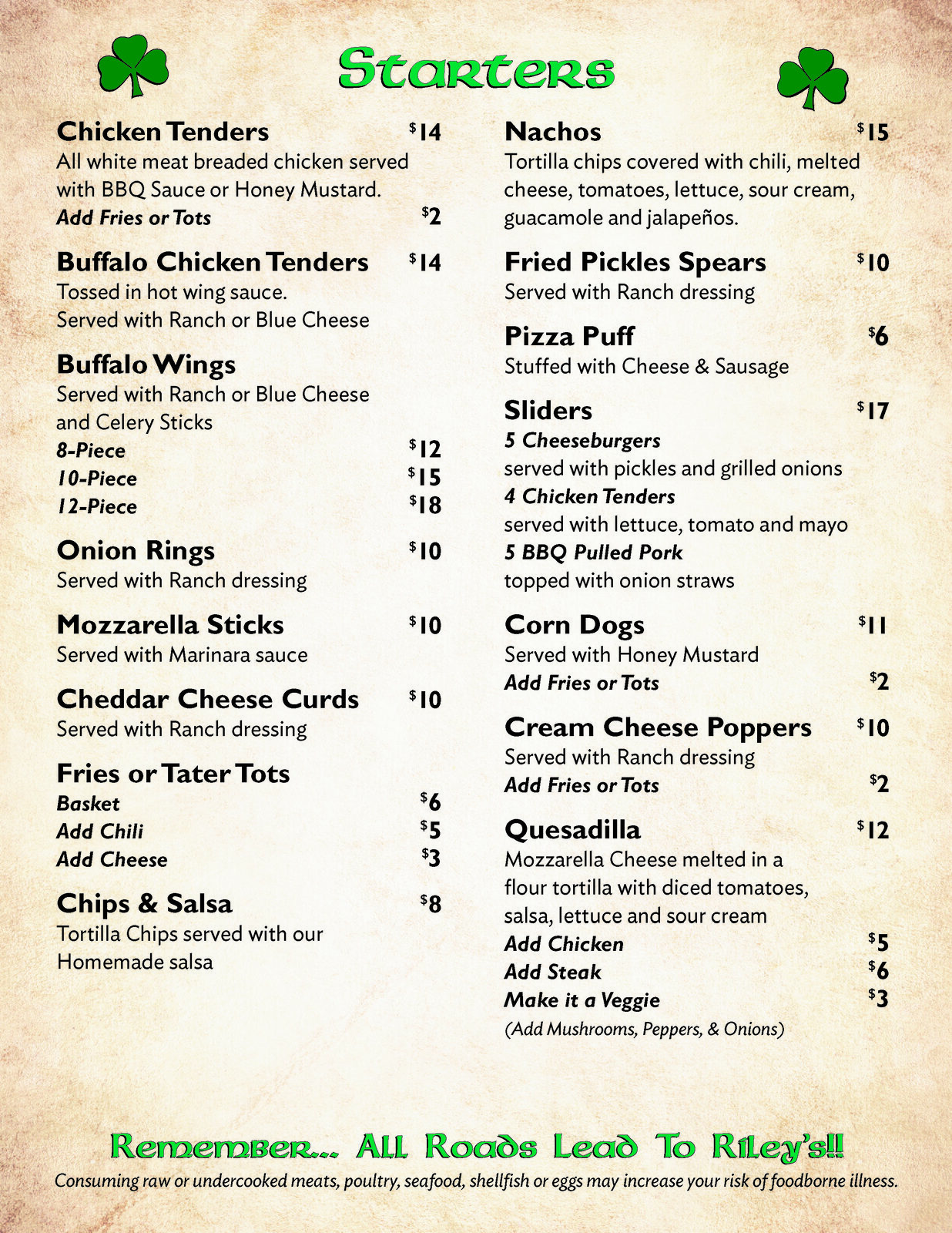 Riley's Gathering Place menu, page 2