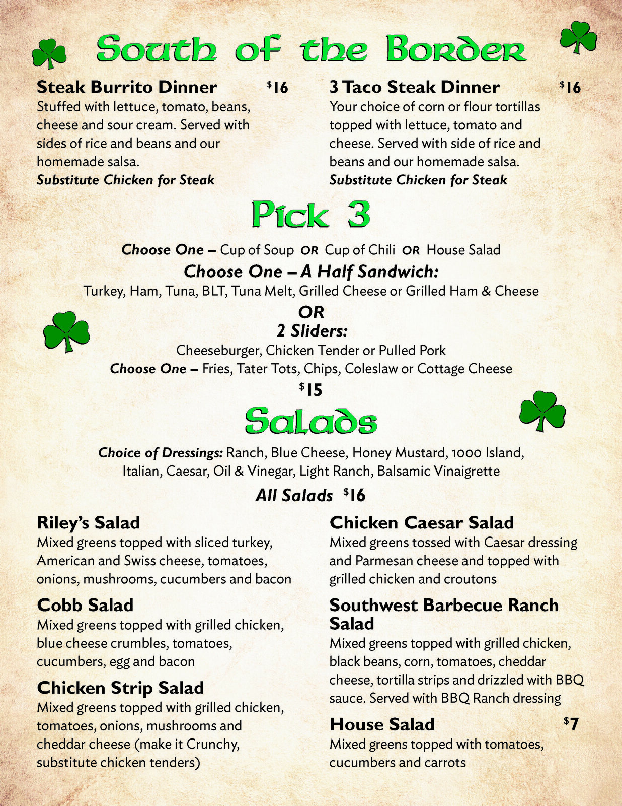 Riley's Gathering Place menu, page 3