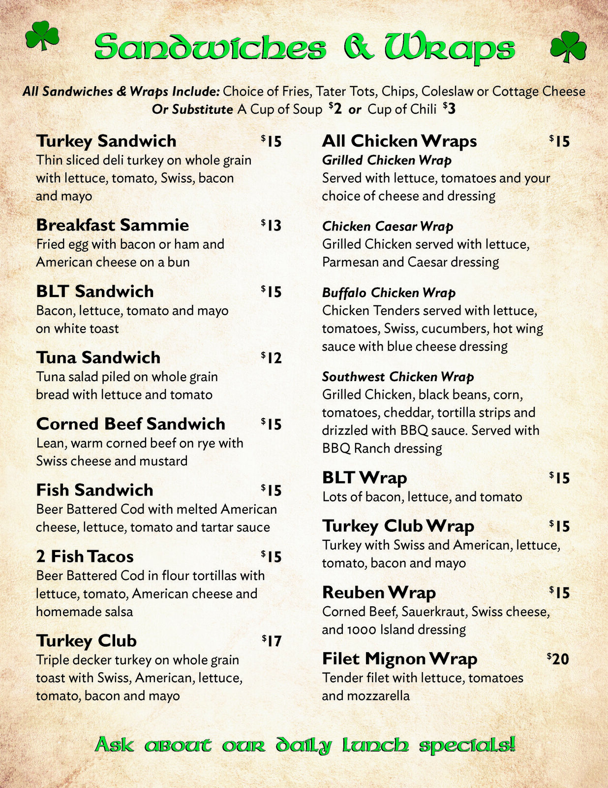 Riley's Gathering Place menu, page 4
