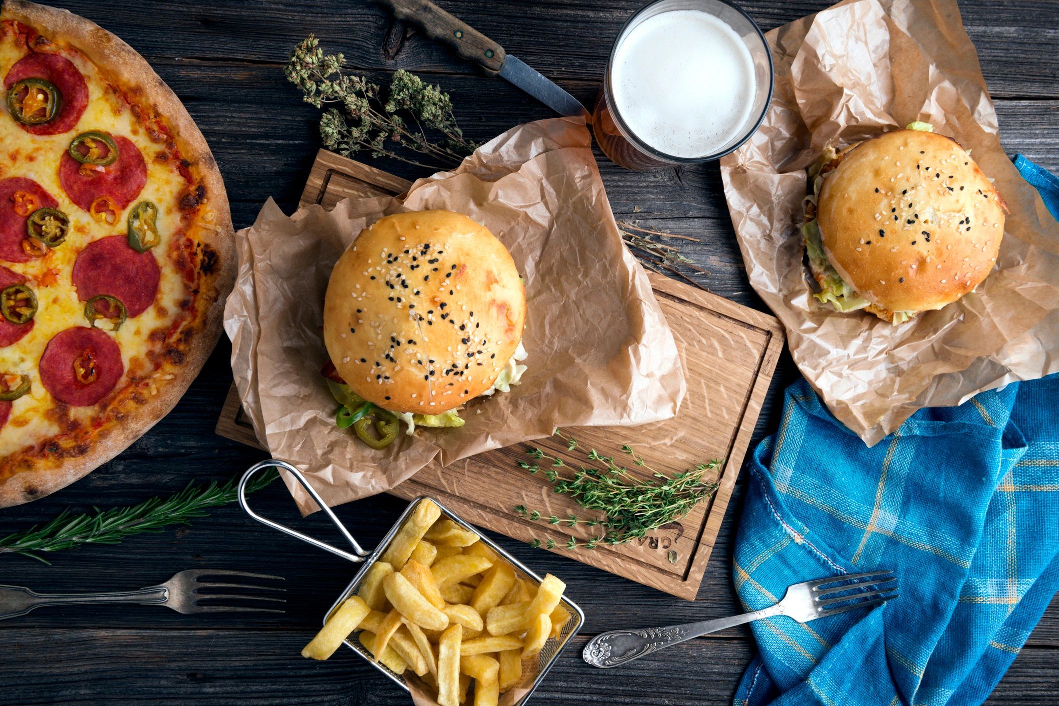 Burger and fries on a table